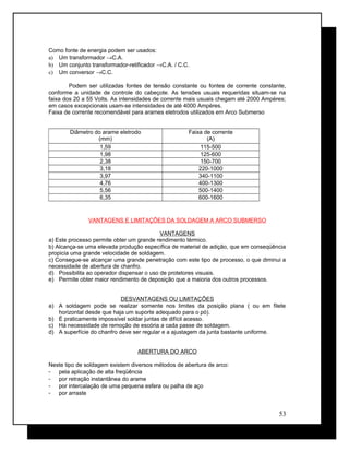 Como fonte de energia podem ser usados:
a) Um transformador →C.A.
b) Um conjunto transformador-retificador →C.A. / C.C.
c) Um conversor →C.C.
Podem ser utilizadas fontes de tensão constante ou fontes de corrente constante,
conforme a unidade de controle do cabeçote. As tensões usuais requeridas situam-se na
faixa dos 20 a 55 Volts. As intensidades de corrente mais usuais chegam até 2000 Ampères;
em casos excepcionais usam-se intensidades de até 4000 Ampères.
Faixa de corrente recomendável para arames eletrodos utilizados em Arco Submerso
Diâmetro do arame eletrodo
(mm)
Faixa de corrente
(A)
1,59 115-500
1,98 125-600
2,38 150-700
3,18 220-1000
3,97 340-1100
4,76 400-1300
5,56 500-1400
6,35 600-1600
VANTAGENS E LIMITAÇÕES DA SOLDAGEM A ARCO SUBMERSO
VANTAGENS
a) Este processo permite obter um grande rendimento térmico.
b) Alcança-se uma elevada produção específica de material de adição, que em conseqüência
propicia uma grande velocidade de soldagem.
c) Consegue-se alcançar uma grande penetração com este tipo de processo, o que diminui a
necessidade de abertura de chanfro.
d) Possibilita ao operador dispensar o uso de protetores visuais.
e) Permite obter maior rendimento de deposição que a maioria dos outros processos.
DESVANTAGENS OU LIMITAÇÕES
a) A soldagem pode se realizar somente nos limites da posição plana ( ou em filete
horizontal desde que haja um suporte adequado para o pó).
b) É praticamente impossível soldar juntas de difícil acesso.
c) Há necessidade de remoção de escória a cada passe de soldagem.
d) A superfície do chanfro deve ser regular e a ajustagem da junta bastante uniforme.
ABERTURA DO ARCO
Neste tipo de soldagem existem diversos métodos de abertura de arco:
- pela aplicação de alta freqüência
- por retração instantânea do arame
- por intercalação de uma pequena esfera ou palha de aço
- por arraste
53
 