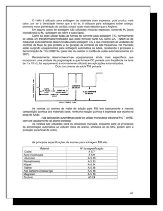 O Hélio é utilizado para soldagem de materiais mais espessos, pois produz mais
calor; por ter a densidade menor que a do ar, é utilizado para soldagens sobre cabeça;
promove maior penetração do cordão; possui custo mais elevado que o Argônio.
Em alguns casos de soldagem são utilizadas misturas especiais, contendo H2 (aços
inoxidáveis) ou N2 (soldagem de cobre e suas ligas).
Como se pode utilizar todas as formas de corrente para soldagem TIG, normalmente
se utiliza um transformador/retificador que pode fornecer tanto CC como CA. Tratam-se de
máquinas especialmente desenvolvidas para soldagem TIG e que incorporam as unidades de
controle de fluxo de gás protetor e de geração de corrente de alta freqüência. No mercado
estão surgindo equipamentos para soldagem automática de tubos, recebendo o processo a
denominação de TIG ORBITAL (pelo fato de realizar o cordão de solda automaticamente em
360º).
Recentemente desenvolveram-se equipamentos ainda mais específicos que
incorporam uma unidade de programação e que fornece CC pulsada com freqüência na faixa
de 1 a 10 Hz; tal equipamento é normalmente utilizado em aplicações automatizadas.
Ciclo da corrente de solda TIG pulsada
As varetas ou arames de metal de adição para TIG tem basicamente a mesma
composição química dos materiais base; nenhuma reação química é esperada que ocorra na
poça de fusão.
Nas aplicações automáticas pode se utilizar o processo adicional HOT-WIRE,
com pré-aquecimento do arame eletrodo.
As varetas são utilizadas para os processos manuais, enquanto para os processos
de alimentação automática se utilizam rolos de arame, similares ao do MIG, porém sem a
proteção superficial de cobre.
As principais especificações de arames para soldagem TIG são:
Material Nº da especificação
Cobre A 5.7
Aços inoxidáveis A 5.9
Alumínio A 5.10
Revestimento A 5.13
Níquel A 5.14
Titânio A 5.16
Aço carbono e baixa liga A 5.18
Magnésio A 5.19
Zircônio A5.24
61
 