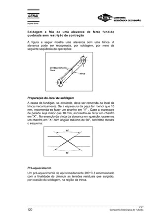 Espírito Santo
___________________________________________________________________________________________________

Soldagem a frio de uma alavanca de ferro fundido
quebrada sem restrição de contração

A figura a seguir mostra uma alavanca com uma trinca. A
alavanca pode ser recuperada, por soldagem, por meio da
seguinte seqüência de operações:




Preparação do local da soldagem
A casca de fundição, se existente, deve ser removida do local da
trinca mecanicamente. Se a espessura da peça for menor que 10
mm, recomenda-se fazer um chanfro em "V" . Caso a espessura
de parede seja maior que 10 mm, aconselha-se fazer um chanfro
em "X" . No exemplo da trinca da alavanca em questão, usaremos
um chanfro em "X" com angulo máximo de 60°, conforme mostra
o esquema:




Pré-aquecimento
Um pré-aquecimento de aproximadamente 200°C é recomendado
com a finalidade de diminuir as tensões residuais que surgirão,
por ocasião da soldagem, na região da trinca.




___________________________________________________________________________________________________
                                                                                                  CST
120                                                                   Companhia Siderúrgica de Tubarão
 