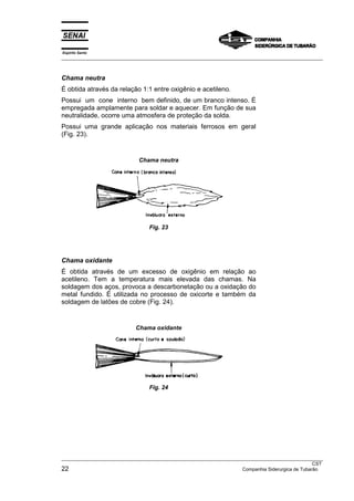 Espírito Santo
___________________________________________________________________________________________________



Chama neutra
É obtida através da relação 1:1 entre oxigênio e acetileno.
Possui um cone interno bem definido, de um branco intenso. É
empregada amplamente para soldar e aquecer. Em função de sua
neutralidade, ocorre uma atmosfera de proteção da solda.
Possui uma grande aplicação nos materiais ferrosos em geral
(Fig. 23).


                              Chama neutra




                                  Fig. 23




Chama oxidante
É obtida através de um excesso de oxigênio em relação ao
acetileno. Tem a temperatura mais elevada das chamas. Na
soldagem dos aços, provoca a descarbonetação ou a oxidação do
metal fundido. É utilizada no processo de oxicorte e também da
soldagem de latões de cobre (Fig. 24).


                            Chama oxidante




                                  Fig. 24




___________________________________________________________________________________________________
                                                                                                   CST
22                                                                   Companhia Siderurgica de Tubarão
 