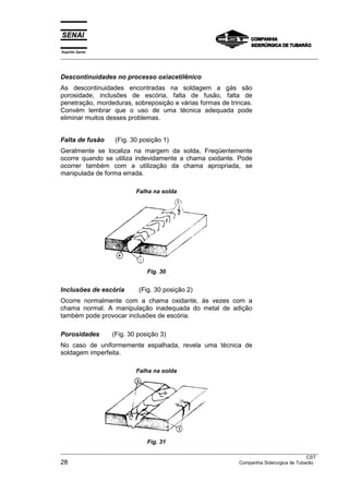 Espírito Santo
___________________________________________________________________________________________________



Descontinuidades no processo oxiacetilênico
As descontinuidades encontradas na soldagem a gás são
porosidade, inclusões de escória, falta de fusão, falta de
penetração, mordeduras, sobreposição e várias formas de trincas.
Convém lembrar que o uso de uma técnica adequada pode
eliminar muitos desses problemas.


Falta de fusão       (Fig. 30 posição 1)
Geralmente se localiza na margem da solda, Freqüentemente
ocorre quando se utiliza indevidamente a chama oxidante. Pode
ocorrer também com a utilização da chama apropriada, se
manipulada de forma errada.

                             Falha na solda




                                 Fig. 30


Inclusões de escória          (Fig. 30 posição 2)
Ocorre normalmente com a chama oxidante, às vezes com a
chama normal. A manipulação inadequada do metal de adição
também pode provocar inclusões de escória.

Porosidades         (Fig. 30 posição 3)
No caso de uniformemente espalhada, revela uma técnica de
soldagem imperfeita.

                             Falha na solda




                                 Fig. 31
___________________________________________________________________________________________________
                                                                                                  CST
28                                                                   Companhia Siderurgica de Tubarão
 