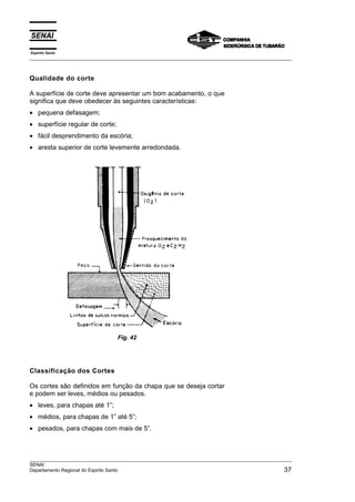 Espírito Santo
___________________________________________________________________________________________________



Qualidade do corte

A superfície de corte deve apresentar um bom acabamento, o que
significa que deve obedecer às seguintes características:
• pequena defasagem;
• superfície regular de corte;
• fácil desprendimento da escória;
• aresta superior de corte levemente arredondada.




                                 Fig. 42




Classificação dos Cortes

Os cortes são definidos em função da chapa que se deseja cortar
e podem ser leves, médios ou pesados.
• leves, para chapas até 1”;
• médios, para chapas de 1” até 5”;
• pesados, para chapas com mais de 5”.



___________________________________________________________________________________________________
SENAI
Departamento Regional do Espirito Santo                                                         37
 
