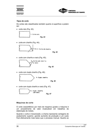 Espírito Santo
___________________________________________________________________________________________________



Tipos de corte
Os cortes são classificados também quanto à superfície e podem
ser:
• corte reto (Fig. 43);



                                  Fig. 43


• corte em chanfro (Fig. 44);




                                                      Fig. 44


• corte com chanfro e nariz (Fig. 45);




                                               Fig. 45


• corte com duplo chanfro (Fig. 46);



                                                  Fig. 46


• corte com duplo chanfro e nariz (Fig. 47).



                                            Fig. 47




Máquinas de corte

O corte oxiacetilênico por meio de maçarico guiado a máquina é
um procedimento de valor incalculável em trabalhos de
elaboração de metais.
Quando o corte é mecanizado; a chama representa vantagens de
acabamento superior, grande aumento da produção e um custo
final efetivamente mais baixo que o processo manual. Quanto ao


___________________________________________________________________________________________________
                                                                                                   CST
38                                                                   Companhia Siderurgica de Tubarão
 