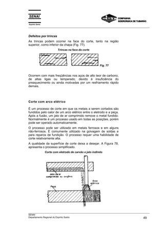 Espírito Santo
___________________________________________________________________________________________________



Defeitos por trincas
As trincas podem ocorrer na face do corte, tanto na região
superior, como inferior da chapa (Fig. 77).
                          Trincas na face do corte




                                                           Fig. 77


Ocorrem com mais freqüências nos aços de alto teor de carbono,
de altas ligas ou temperado, devido à insuficiência do
preaquecimento ou ainda motivadas por um resfriamento rápido
demais.




Corte com arco elétrico

É um processo de corte em que os metais a serem cortados são
fundidos pelo calor de um arco elétrico entre o eletrodo e a peça.
Após a fusão, um jato de ar comprimido remove o metal fundido.
Normalmente é um processo usado em todas as posições, porém
pode ser operado automaticamente.
O processo pode ser utilizado em metais ferrosos e em alguns
não-ferrosos. É comumente utilizado na goivagem de soldas e
para reparos de fundição. O processo requer uma habilidade de
corte relativamente alta.
A qualidade da superfície de corte deixa a desejar. A Figura 78,
apresenta o processo simplificado.
                 Corte com eletrodo de carvão e jato indireto




___________________________________________________________________________________________________
SENAI
Departamento Regional do Espírito Santo                                                       49
 