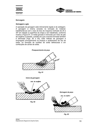 Espírito Santo
___________________________________________________________________________________________________



Goivagem

Goivagem a gás
A operação de goivagem está intimamente ligada à de soldagem.
A goivagem a chama consiste na remoção do material,
trabalhando-se com o eixo do bico do maçarico inclinado de 25 a
35º em relação à superfície da chapa a ser trabalhada, conforme
mostra a Figura 81. O metal goivado é removido por meio de jato
de oxigênio a pressão, ocasião em que a escória formada também
é eliminada (Figs. 82 e 83). Este método de goivagem é
empregado principalmente na limpeza e acabamento da raiz de
solda, na remoção de cordões de solda defeituosas e em
confecções de canais de solda.


                        Preaquecimento da peça




                                 Fig. 81


                 Início da goivagem




                                                                Goivagem da peça




                      Fig. 82




                                                                      Fig. 83

___________________________________________________________________________________________________
SENAI
Departamento Regional do Espírito Santo                                                       53
 
