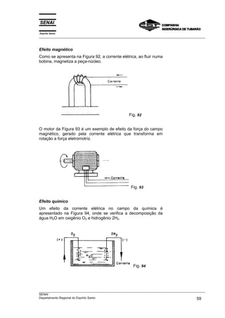 Espírito Santo
___________________________________________________________________________________________________



Efeito magnético
Como se apresenta na Figura 92, a corrente elétrica, ao fluir numa
bobina, magnetiza a peça-núcleo.




                                                     Fig. 92


O motor da Figura 93 é um exemplo de efeito da força do campo
magnético, gerado pela corrente elétrica que transforma em
rotação a força eletromotriz.




                                                      Fig. 93


Efeito químico
Um efeito da corrente elétrica no campo da química é
apresentado na Figura 94, onde se verifica a decomposição da
água H2O em oxigênio O2 e hidrogênio 2H2.




                                                        Fig. 94




___________________________________________________________________________________________________
SENAI
Departamento Regional do Espírito Santo                                                       59
 