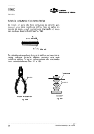 Espírito Santo
___________________________________________________________________________________________________



Materiais condutores de corrente elétrica

Os metais em geral são bons condutores de corrente, pois
possuem uma baixa resistência elétrica. Isso se aplica em
especial ao cobre, o qual é amplamente empregado em cabos
para condução de corrente elétrica (Fig. 102).




                                              Fig. 102


Os materiais mal condutores de corrente elétrica, como porcelana,
massa cerâmica, borracha, plástico, possuem uma certa
resistência elétrica. Por serem mal condutores, são empregados
como materiais isolantes (Figs. 103 e 104)




                                                                     Isolador
                 Alicate de eletricista
                                                                     Fig. 104
                       Fig. 103




___________________________________________________________________________________________________
                                                                                               CST
64                                                                 Companhia Siderúrgica de Tubarão
 