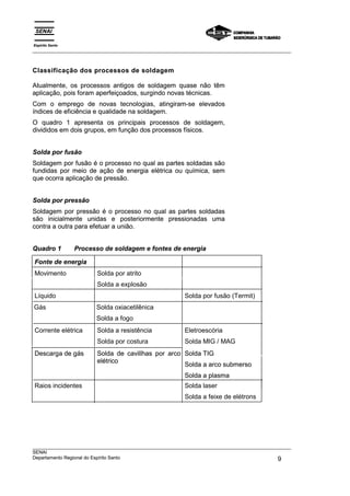 Espírito Santo
___________________________________________________________________________________________________



Classificação dos processos de soldagem

Atualmente, os processos antigos de soldagem quase não têm
aplicação, pois foram aperfeiçoados, surgindo novas técnicas.
Com o emprego de novas tecnologias, atingiram-se elevados
índices de eficiência e qualidade na soldagem.
O quadro 1 apresenta os principais processos de soldagem,
divididos em dois grupos, em função dos processos físicos.


Solda por fusão
Soldagem por fusão é o processo no qual as partes soldadas são
fundidas por meio de ação de energia elétrica ou química, sem
que ocorra aplicação de pressão.


Solda por pressão
Soldagem por pressão é o processo no qual as partes soldadas
são inicialmente unidas e posteriormente pressionadas uma
contra a outra para efetuar a união.


Quadro 1         Processo de soldagem e fontes de energia

Fonte de energia
Movimento               Solda por atrito
                        Solda a explosão
Líquido                                                   Solda por fusão (Termit)
Gás                     Solda oxiacetilênica
                        Solda a fogo
Corrente elétrica       Solda a resistência               Eletroescória
                        Solda por costura                 Solda MIG / MAG
Descarga de gás         Solda de cavillhas por arco Solda TIG
                        elétrico
                                                    Solda a arco submerso
                                                          Solda a plasma
Raios incidentes                                          Solda laser
                                                          Solda a feixe de elétrons




___________________________________________________________________________________________________
SENAI
Departamento Regional do Espírito Santo                                                       9
 