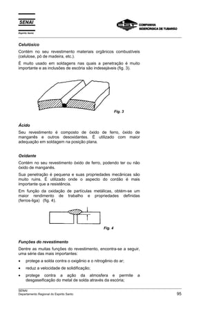 Espírito Santo
___________________________________________________________________________________________________

Celulósico
Contém no seu revestimento materiais orgânicos combustíveis
(celulose, pó de madeira, etc.).
É muito usado em soldagens nas quais a penetração é muito
importante e as inclusões de escória são indesejáveis (fig. 3).




                                                            Fig. 3


Ácido
Seu revestimento é composto de óxido de ferro, óxido de
manganês e outros desoxidantes. É utilizado com maior
adequação em soldagem na posição plana.


Oxidante
Contém no seu revestimento óxido de ferro, podendo ter ou não
óxido de manganês.
Sua penetração é pequena e suas propriedades mecânicas são
muito ruins. É utilizado onde o aspecto do cordão é mais
importante que a resistência.
Em função da oxidação de partículas metálicas, obtém-se um
maior rendimento de trabalho e propriedades definidas
(ferros-liga) (fig. 4).




                                                   Fig. 4


Funções do revestimento
Dentre as muitas funções do revestimento, encontra-se a seguir,
uma série das mais importantes:
•     protege a solda contra o oxigênio e o nitrogênio do ar;
•     reduz a velocidade de solidificação;
•     protege contra a ação da atmosfera e permite                      a
      desgaseificação do metal de solda através da escória;
___________________________________________________________________________________________________
SENAI
Departamento Regional do Espirito Santo                                                         95
 
