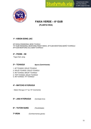 11
FAIXA VERDE – 6º GUB
(PLANTA/VIDA)
1º - KIBON DONG JAC
AP SOGUI RANSONAL MOKI TCHIGUI
TIT KUBI RANSONAL MONTONG PAKAT MAKO, AP KUBI MONTONG BARÔ TCHIRIGUI
AP KUBI MONTONG DUL BOM TCHIRIGUI
2º - POOM – SE
Teguk Sam Jang
3º - TCHAGUI Apuro (Caminhando)
1. AP TCHAGO, DOLIO TCHAGUI
2. DOLIO TCHAGO, DOLIO TCHAGUI
3. AN TCHAGO, BACAT TCHAGUI
4. YOP TCHAGO, DOLIO TCHAGUI
5. AN TCHAGO, TIT TCHAGUI
4º - MATCHO KYORUGUI
- Sebon Kiorugui (11º ao 15º movimento)
5º - JAIU KYORUGUI (Combate livre)
6º - YUYON SUNG (Flexibilidade)
7º IRON (Conhecimentos gerais)
 