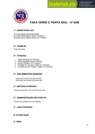 12
FAIXA VERDE C/ PONTA AZUL – 5º GUB
1º - KIBON DONG JAC
TIT KUBI SONAL MONTONG MAKI
AP KUBI PION SONKUT SEUO TCHIRIGUI
AP KUBI DUNG JUMOK OLGUL AP TCHIGUI
2º - POOM SE
Teguk Sa Jang
3º - TCHAGUI:
1. TIMIO DANSON AP TCHAGUI
2. TIMIO DANSON DOLIÔ TCHAGUI
3. DOLIÔ TCHAGO, TIT TCHAGUI
4. TOTIMIÔ AP TCHAGO, TIMIO AP TCHAGUI
5. TOTIMIÔ DOLIÔ TCHAGO, TIMIO TIT TCHAGUI
4º - ROLAMENTOS BÁSICOS
Rolamento frontal (rolar para frente)
Rolamento de costas (rolar para trás)
5º - MATCHO KYORUGUI
- Ran bom kyorugui. (16º ao 20º movimento)
6º - DEMONSTRAÇÃO DE KYOK-PA
(Técnica de quebramento em raquete)
7º - JAIU KYORUGUI
8º YUYON SUNG
9º IRON
 