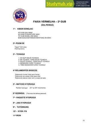 15
FAIXA VERMELHA – 2º GUB
(SOL/PERIGO)
1º - KIBON DONGJAC
AP KUBI GAUI MAKI
AP KUBI OTIGORÔ ARE MAKI
TIT KUBI SONAL ARE MAKI
BOM SOGUI BATANSON MONTONG AN MAKI
2º- POOM SE
Teguk Tchil Jang
Poomse Extra
3º - TCHAGUI
1. GO DUP DOLIÔ TCHAGUI
2. AN TCHAGO, TORÁ DOLIÔ TCHAGUI
3. DOLIÔ TCHAGO, TORÁ DOLIÔ TCHAGUI
4. MONDORÁ FURIÔ TCHAGUI
5. TÍMIO MONDORÁ FURIÔ TCHAGUI
4º ROLAMENTOS BÁSICOS
Rolamento frontal (rolar para frente)
Rolamento de costas (rolar para trás)
Rolamento lateral (rolar com o corpo de lado)
5º - MATCHO KYORUGUI
Ranbon kyorugui (31º ao 35º movimento)
6º HOSINSUL (Técnicas de defesa pessoal)
7º - RAQUETE KYORUGUI
8º - JAIU KYORUGUI
9º - YUYONSUNG
10º - KYOK- PA
11º IRON
 