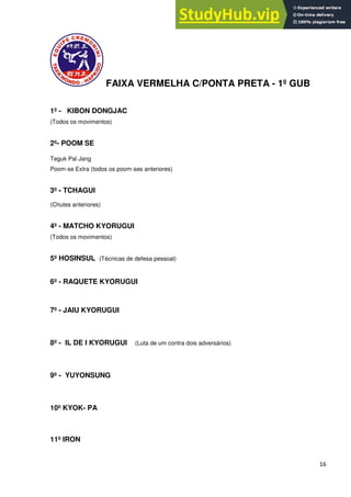 16
FAIXA VERMELHA C/PONTA PRETA - 1º GUB
1º - KIBON DONGJAC
(Todos os movimentos)
2º- POOM SE
Teguk Pal Jang
Poom-se Extra (todos os poom-ses anteriores)
3º - TCHAGUI
(Chutes anteriores)
4º - MATCHO KYORUGUI
(Todos os movimentos)
5º HOSINSUL (Técnicas de defesa pessoal)
6º - RAQUETE KYORUGUI
7º - JAIU KYORUGUI
8º - IL DE I KYORUGUI (Luta de um contra dois adversários)
9º - YUYONSUNG
10º KYOK- PA
11º IRON
 