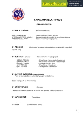 9
FAIXA AMARELA - 8º GUB
(TERRA/RIQUEZA)
1º - KIBON DONGJAC (Movimentos básicos)
AP SOGUI ARE MAKI Defesa para baixo c/ base pequena
AP SOGUI MONTONG AN MAKI Defesa frontal (mão contrária da perna) base pequena
AP SOGUI OLGUL MAKI Defesa para cima (base pequena)
2º - POOM SE (Movimentos de ataques e defesas contra um adversário imaginário)
Teguk IL Jang
3º - TCHAGUI - (Chutes) Base: kyonumsé ou kyorugui jasé
1) DOLIÔ TCHAGUI - Chute lateral c/ peito de pé altura do rosto
2) MIRÔ TCHAGUI - Chute frontal empurrando c/ a sola do pé
3) NERIÔ TCHAGUI - Chute de cima para baixo
4) IOP TCHAGUI - Chute lateral c/ faca do pé
5) TIT TCHAGUI - Chute giratório c/ sola do pé
4º - MATCHO KYORUGUI (Luta combinada)
Pode ser chamado Sebon ou Sambo Kyorugui, Sambo Derion.
Sebon Kyorugui (1º ao 5º movimento)
5º - JAIU KYORUGUI (Combate)
* As lutas na academia devem ser de contato leve (sombra), porém ágil e técnico.
6º - YUYON SUNG (Flexibilidade)
7º - IRON (Conhecimentos gerais)
 
