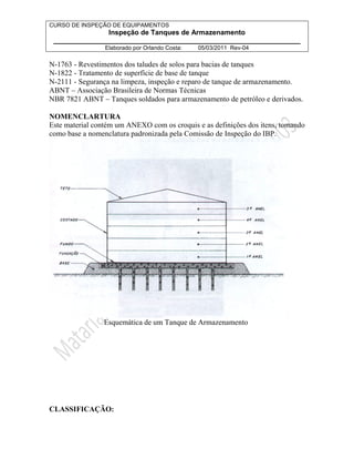 CURSO DE INSPEÇÃO DE EQUIPAMENTOS 
Inspeção de Tanques de Armazenamento 
________________________________________________________________ 
Elaborado por Orlando Costa: 05/03/2011 Rev-04 
N-1763 - Revestimentos dos taludes de solos para bacias de tanques 
N-1822 - Tratamento de superfície de base de tanque 
N-2111 - Segurança na limpeza, inspeção e reparo de tanque de armazenamento. 
ABNT – Associação Brasileira de Normas Técnicas 
NBR 7821 ABNT – Tanques soldados para armazenamento de petróleo e derivados. 
NOMENCLARTURA 
Este material contém um ANEXO com os croquis e as definições dos itens, tomando 
como base a nomenclatura padronizada pela Comissão de Inspeção do IBP. 
Esquemática de um Tanque de Armazenamento 
CLASSIFICAÇÃO: 
 