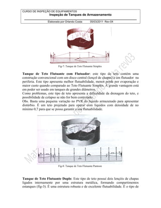 CURSO DE INSPEÇÃO DE EQUIPAMENTOS 
Inspeção de Tanques de Armazenamento 
________________________________________________________________ 
Elaborado por Orlando Costa: 05/03/2011 Rev-04 
Fig-7: Tanque de Teto Flutuante Simples 
Tanque de Teto Flutuante com Flutuador: este tipo de teto contém uma 
construção convencional com um disco central (lençol de chapas) e um flutuador na 
periferia. Este tipo apresenta melhor flutuabilidade, menor perda por evaporação e 
maior custo quando comparado ao Teto Flutuante Simples. A grande vantagem está 
em poder ser usado em tanques de grandes diâmetros. 
Como problemas, este tipo de teto apresenta a dificuldade da drenagem do teto, e 
possibilidade de colapso se não for bem controlado. 
Obs. Basta uma pequena variação no PVR do líquido armazenado para apresentar 
distúrbio. É um teto projetado para operar com líquidos com densidade de no 
mínimo 0,7 para que se possa garantir a sua flutuabilidade. 
Fig-8: Tanque de Teto Flutuante Pantoon 
Tanque de Teto Flutuante Duplo: Este tipo de teto possui dois lençóis de chapas 
ligados internamente por uma estrutura metálica, formando compartimentos 
estanques (fig-3). É uma estrutura robusta e de excelente flutuabilidade. É o tipo de 
 