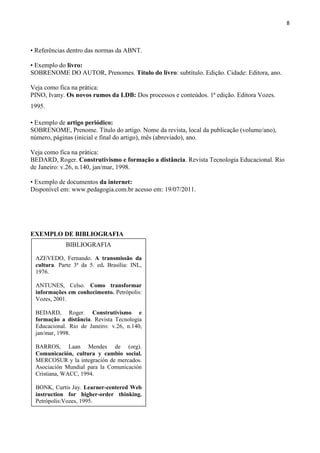 8
• Referências dentro das normas da ABNT.
• Exemplo do livro:
SOBRENOME DO AUTOR, Prenomes. Título do livro: subtítulo. Edição. Cidade: Editora, ano.
Veja como fica na prática:
PINO, Ivany. Os novos rumos da LDB: Dos processos e conteúdos. 1ª edição. Editora Vozes.
1995.
• Exemplo de artigo periódico:
SOBRENOME, Prenome. Título do artigo. Nome da revista, local da publicação (volume/ano),
número, páginas (inicial e final do artigo), mês (abreviado), ano.
Veja como fica na prática:
BEDARD, Roger. Construtivismo e formação a distância. Revista Tecnologia Educacional. Rio
de Janeiro: v.26, n.140, jan/mar, 1998.
• Exemplo de documentos da internet:
Disponível em: www.pedagogia.com.br acesso em: 19/07/2011.
EXEMPLO DE BIBLIOGRAFIA
BIBLIOGRAFIA
AZEVEDO, Fernando. A transmissão da
cultura. Parte 3ª da 5. ed. Brasília: INL,
1976.
ANTUNES, Celso. Como transformar
informações em conhecimento. Petrópolis:
Vozes, 2001.
BEDARD, Roger. Construtivismo e
formação a distância. Revista Tecnologia
Educacional. Rio de Janeiro: v.26, n.140,
jan/mar, 1998.
BARROS, Laan Mendes de (org).
Comunicación, cultura y cambio social.
MERCOSUR y la integración de mercados.
Asociación Mundial para la Comunicación
Cristiana, WACC, 1994.
BONK, Curtis Jay. Learner-centered Web
instruction for higher-order thinking.
Petrópolis:Vozes, 1995.
 