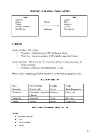PROCESSO DE ELABORAÇÃO DOS VINHOS


              Uvas                                                            Vinho
     Açúcares                                                        Álcool
     Ácidos                               Agentes                    CO2
     Taninos                                                         Açúcares
     Matérias Corantes                                               Ácidos
     Sais Minerais                        Vinificação                Sais Minerais




A VIDEIRA


Espécies européias – Vitis vinífera
     Ø      Variedades – conhecidas mais de 5000 variedades de videira;
     Ø      Vinhos finos – usa-se somente cerca de 60 variedades para produzir vinhos;


Espécies americanas – Vitis labrusca e Vitis bourquina e híbridas - uvas de mesa, sucos, etc.
     Ø     Usadas na enxertia;
     Ø     Combate e filoxera, que é uma praga que ataca a videira.


“Para a videira e os frutos, quantidade e qualidade são inversamente proporcionais”.


                                      FASES DA VIDEIRA


Fases                  Características              Estação           Tempo
Hibernação             Repouso/poda                 Inverno           Baixas Temperaturas
Crescimento            Crescimento Vegetativo Primavera               Chuvas e sol
                       / floração
Frutificação           Maturação                    Verão             Sol e calor
Colheita               Vindima                      Outono            Tempo seco


                          OS ELEMENTOS MAIS IMPORTANTES


CLIMA
  Ø Insolação e posição
  Ø Chuva
  Ø Teor de umidade
  Ø Latitude


                                                                                                24
 