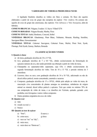 VARIEDADES DE VIDEIRAS PRODUZIDAS NO RS


        A legislação brasileira classifica os vinhos em finos e comuns. Os finos são aqueles
elaborados a partir de uvas do grupo das européias da espécie Vitis vinifera. Os comuns são
aqueles de uvas do grupo das americanas, das espécies Vitis labrusca e Vitis bourquina, além de
híbridos.
COMUNS BRANCAS: Niágara, Couderc 13, Seyve Villard 5276
COMUNS ROSADAS: Niágara Rosada, Martha, Flora
COMUNS TINTAS: Isabel, Bordeaux, Concord, Seibel
VINÍFERAS BRANCAS: Ghardonnay, Pinot Blanc, Trebianno, Moscato, Riesling, Semillon,
Sauvignon Blanc, Gewurztraminer
VINÍFERAS TINTAS: Cabernet Sauvignon, Cabernet Franc, Merlot, Pinot Noir, Syrah,
Pinotage, Petit Syrah, Gamay, Barbera, Bonarda


                             CLASSIFICAÇÃO DOS VINHOS
I- Quanto à classe
    a) de mesa, graduação alcoólica de 10 a 13 ºGL
    b) leve, graduação alcoólica de 7 a 9,9 ºGL, obtido exclusivamente da fermentação de
       açúcares naturais da uva, não sendo permitido sua obtenção a partir de vinho de mesa,
    c) Champanha ou espumante:vinho espumante, cujo CO2 é obtido exclusivamente da
       segunda fermentação alcoólica do vinho. Tem de 10 a 13 ºGL e pressão mínima de 3
       atmosferas
    d) Licoroso, doce ou seco, com graduação alcoólica de 14 a 18 ºGL, adicionado ou não de
       álcool etílico potável, mosto concentrado, caramelo e sacarose
    e) Composto, graduação alcoólica de 15 a 18ºGL, obtido pela adição ao vinho de mesa, de
       maceração e/ou concentrados de plantas amargas ou aromáticas, substâncias de origem
       animal ou mineral, álcool etílico potável e açúcares. Terá que conter no mínimo 70% de
       sua composição de vinho de mesa, e se classifica em Vermute, quinado, gemado ,com
       jurubeba, com ferroquina e outros vinhos compostos
    f) Outros produtos originários da uva e do vinho
II- Quanto à cor
    a) tinto
    b) rosado ou rosè: e
    c) branco
III- Quanto ao teor de açúcar
       a) “brut”;                      f) suave; e
       b) extra-seco;                  g) doce
       c) seco ou “sec” ou “dry”;
       d) meio seco;
       e) meio doce ou “Demi-sec”;
                                                                                            26
 