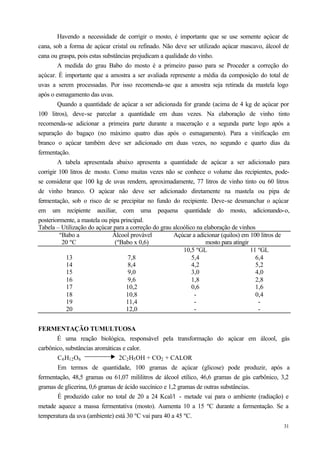 Havendo a necessidade de corrigir o mosto, é importante que se use somente açúcar de
cana, sob a forma de açúcar cristal ou refinado. Não deve ser utilizado açúcar mascavo, álcool de
cana ou graspa, pois estas substâncias prejudicam a qualidade do vinho.
        A medida do grau Babo do mosto é a primeiro passo para se Proceder a correção do
açúcar. É importante que a amostra a ser avaliada represente a média da composição do total de
uvas a serem processadas. Por isso recomenda-se que a amostra seja retirada da mastela logo
após o esmagamento das uvas.
        Quando a quantidade de açúcar a ser adicionada for grande (acima de 4 kg de açúcar por
100 litros), deve-se parcelar a quantidade em duas vezes. Na elaboração de vinho tinto
recomenda-se adicionar a primeira parte durante a maceração e a segunda parte logo após a
separação do bagaço (no máximo quatro dias após o esmagamento). Para a vinificação em
branco o açúcar também deve ser adicionado em duas vezes, no segundo e quarto dias da
fermentação.
        A tabela apresentada abaixo apresenta a quantidade de açúcar a ser adicionado para
corrigir 100 litros de mosto. Como muitas vezes não se conhece o volume das recipientes, pode-
se considerar que 100 kg de uvas rendem, aproximadamente, 77 litros de vinho tinto ou 60 litros
de vinho branco. O açúcar não deve ser adicionado diretamente na mastela ou pipa de
fermentação, sob o risco de se precipitar no fundo do recipiente. Deve-se desmanchar o açúcar
em um recipiente auxiliar, com uma pequena quantidade do mosto, adicionando-o,
posteriormente, a mastela ou pipa principal.
Tabela – Utilização do açúcar para a correção do grau alcoólico na elaboração de vinhos
         ºBabo a               Álcool provável         Açúcar a adicionar (quilos) em 100 litros de
          20 ºC                 (ºBabo x 0,6)                       mosto para atingir
                                                           10,5 ºGL                    11 ºGL
           13                        7,8                      5,4                        6,4
           14                        8,4                      4,2                        5,2
           15                        9,0                      3,0                        4,0
           16                        9,6                      1,8                        2,8
           17                       10,2                      0,6                        1,6
           18                       10,8                       -                         0,4
           19                       11,4                       -                          -
           20                       12,0                       -                          -


FERMENTAÇÃO TUMULTUOSA
       É uma reação biológica, responsável pela transformação do açúcar em álcool, gás
carbônico, substâncias aromáticas e calor.
       C6 H12 O6                2C2 H5 OH + CO2 + CALOR
       Em termos de quantidade, 100 gramas de açúcar (glicose) pode produzir, após a
fermentação, 48,5 gramas ou 61,07 mililitros de álcool etílico, 46,6 gramas de gás carbônico, 3,2
gramas de glicerina, 0,6 gramas de ácido succínico e 1,2 gramas de outras substâncias.
       É produzido calor no total de 20 a 24 Kcal/l - metade vai para o ambiente (radiação) e
metade aquece a massa fermentativa (mosto). Aumenta 10 a 15 ºC durante a fermentação. Se a
temperatura da uva (ambiente) está 30 ºC vai para 40 a 45 ºC.
                                                                                                31
 