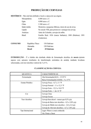 PRODUÇÃO DE CERVEJAS

HISTÓRICO – Não está bem definido o local e a época de sua origem.
          Mesopotâmia:           6.000 anos a .C
          Egito                  4.000 anos a .C
          China                  2.300 anos a .C
          Idade média:           Mosteiros e pequenas fábricas, início do uso de ervas.
          Lúpulo                 No século VIII, para promover o amargor da cerveja.
          Américas               Antes de Colombo, cervejas de milho.
          Brasil                 Família Real; 1836 (marca barbante); 1888 (Brahma); 1891
                                 (Antárctica).


CONSUMO              República Theca     154 l/hab/ano
                     Alemanha            150 l/hab/ano
                     Brasil               25 l/hab/ano



INTRODUÇÃO - É a bebida não destilada obtida de fermentação alcoólica do mosto (   extrato
aquoso com açúcares resultantes da transformação enzimática do amido), mediante leveduras
selecionadas, com teor alcoólico variável de 3 a 8 %.


                                CLASSIFICAÇÃO DA CERVEJA


             QUANTO A                  CARACTERÍSTICAS
             Fermentação               Alta fermentação(ALE) - 15/25ºC
                                       Baixa Fermentação(LAGER) - 5 a 15ºC
            Extrato Primitivo          Cerveja Fraca - 0,7 a 11 ºP
                                       Cerveja Normal - 11 a 12,5 ºP
                                       Cerveja Extra - 12,5 a 14,0 ºP
                                       Cerveja Forte - > de 14 ºP
                  Cor                  Cerveja Clara
                                       Cerveja Escura
            Teor Alcoólico             Cerveja Sem álcool - menor que 0,5% p/p
                                       Cerveja de Baixo teor alcoólico - 0,5 a 2,0% p/p
                                       Cerveja de Médio teor alcoólico - 2,0 a 4,5 p/p
                                       Cerveja de Alto teor alcoólico - 4,7 a 7,0% p/p
           Tipo Internacional          Lager: Pilsen é a mais conhecida
                                       Ale: Porter e Stout



                                                                                          60
 