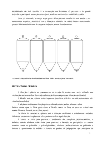 insolubilização do trub coloidal e a decantação das leveduras. O processo é de grande
importância por impedir a turvação da cerveja na prateleira, aumentando a estabilidade coloidal.

        Uma vez maturada, a cerveja segue para a filtração com o auxílio de uma bomba e, em
temperaturas negativas, procede-se com a filtração e obtenção da cerveja limpa e concentrada,
que será diluída em linha antes de chegar no recipiente pulmão do envasamento.




FIGURA 3- Seqüência de fermentadores utilizados para a fermentação e maturação.



FILTRAÇÃO DA CERVEJA


         A filtração é aplicada ao processamento de cervejas há muitos anos, sendo utilizada para
clarificação, acabamento final da cerveja e eliminação de microorganismos (filtração esterilização).
         A filtração tem por objetivo retirar impurezas (leveduras, trub frio, etc.) O produto deve sair
cristalino (amarelinho).
         A adição de auxiliares de filtração pode ser efetuada, como: perlites, silicatos e sílica.
Existem muitos tipos de filtros para efetuar a filtração, como os filtros de cartucho vertical com
suporte filtrante e filtros de placas (filtro prensa).
         Os filtros de cartucho se aplicam para a filtração esterilizante e embalamento asséptico.
Utilizam-se membranas de nylon e de teflon para uma realizar a pré-filtração.
         A cerveja se esfria para provocar a precipitação dos complexos proteína-polifenol, e
inclusive pode-se adicionar ácido tânico para promover a formação de precipitados. As resinas
sintéticas, como as poliamidas e polivinilpirrolidona, eliminam preferencialmente os polifenóis e
limitam o aparecimento de turbidez e deixam no produto os polipeptídios que participam da

                                                                                                  81
 