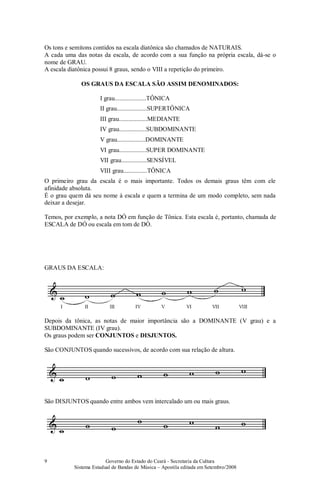 Governo do Estado do Ceará - Secretaria da Cultura
Sistema Estadual de Bandas de Música – Apostila editada em Setembro/2008
9
Os tons e semitons contidos na escala diatônica são chamados de NATURAIS.
A cada uma das notas da escala, de acordo com a sua função na própria escala, dá-se o
nome de GRAU.
A escala diatônica possui 8 graus, sendo o VIII a repetição do primeiro.
OS GRAUS DA ESCALA SÃO ASSIM DENOMINADOS:
I grau....................TÔNICA
II grau...................SUPERTÔNICA
III grau..................MEDIANTE
IV grau.................SUBDOMINANTE
V grau..................DOMINANTE
VI grau.................SUPER DOMINANTE
VII grau................SENSÍVEL
VIII grau...............TÔNICA
O primeiro grau da escala é o mais importante. Todos os demais graus têm com ele
afinidade absoluta.
É o grau quem dá seu nome à escala e quem a termina de um modo completo, sem nada
deixar a desejar.
Temos, por exemplo, a nota DÓ em função de Tônica. Esta escala é, portanto, chamada de
ESCALA de DÓ ou escala em tom de DÓ.
GRAUS DA ESCALA:
Depois da tônica, as notas de maior importância são a DOMINANTE (V grau) e a
SUBDOMINANTE (IV grau).
Os graus podem ser CONJUNTOS e DISJUNTOS.
São CONJUNTOS quando sucessivos, de acordo com sua relação de altura.
São DISJUNTOS quando entre ambos vem intercalado um ou mais graus.
 