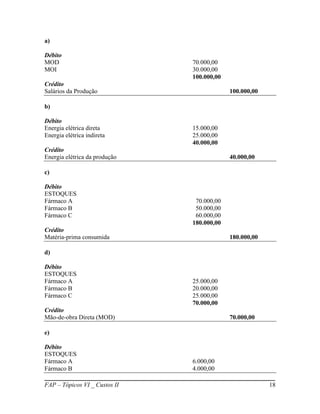 a)

Débito
MOD                            70.000,00
MOI                            30.000,00
                               100.000,00
Crédito
Salários da Produção                        100.000,00

b)

Débito
Energia elétrica direta        15.000,00
Energia elétrica indireta      25.000,00
                               40.000,00
Crédito
Energia elétrica da produção                40.000,00

c)

Débito
ESTOQUES
Fármaco A                       70.000,00
Fármaco B                       50.000,00
Fármaco C                       60.000,00
                               180.000,00
Crédito
Matéria-prima consumida                     180.000,00

d)

Débito
ESTOQUES
Fármaco A                      25.000,00
Fármaco B                      20.000,00
Fármaco C                      25.000,00
                               70.000,00
Crédito
Mão-de-obra Direta (MOD)                    70.000,00

e)

Débito
ESTOQUES
Fármaco A                      6.000,00
Fármaco B                      4.000,00

FAP – Tópicos VI _ Custos II                             18
 