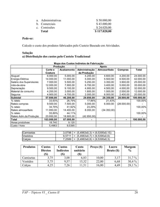 a. Administrativas                             $ 50.000,00
                      b. Comerciais                                  $ 43.000,00
                      c. Comissões                                   $ 24.020,00
                         Total                                      $ 117.020,00

         Pede-se:

         Calcule o custo dos produtos fabricados pelo Custeio Baseado em Atividades.

         Solução
         a) Distribuição dos custos pelo Custeio Tradicional

                                     Mapa dos Custos Indiretos de Fabricação
                                    Produção                              Apoio
                              Corte e   Acabamento Administração Almoxarifado          Compras      Total
                              Costura                   da Produção
Aluguel                        6.000,00     5.000,00          4.200,00       4.600,00   4.200,00   24.000,00
Energia Elétrica              14.000,00    11.000,00          5.000,00       5.500,00   6.500,00   42.000,00
Salário dos Supervisores       7.000,00     5.500,00          5.250,00       3.350,00   3.900,00   25.000,00
mão-de-obra                   12.000,00     7.900,00          6.700,00       3.400,00   5.000,00   35.000,00
Depreciação                    9.500,00     9.100,00          4.900,00       4.500,00   4.000,00   32.000,00
Material de consumo            4.200,00     3.000,00          1.800,00       1.000,00   2.000,00   12.000,00
Seguros                        4.900,00     4.700,00          2.000,00       6.000,00   2.400,00   20.000,00
Subtotal                      57.600,00    46.200,00         29.850,00      28.350,00  28.000,00 190.000,00
% rateio                         33,93%       26,79%            17,86%         21,43%               100,00%
Rateio compras                 9.500,00     7.500,00          5.000,00       6.000,00 (28.000,00)         -
% rateio                         34,79%       41,92%            23,29%                               100,00%
Rateio almoxarifado           11.950,00    14.400,00          8.000,00     (34.350,00)                    -
% rateio                         55,89%       44,11%                                                 100,00%
Rateio Adm.da Produção        23.950,00    18.900,00        (42.850,00)                                   -
Total                        103.000,00    87.000,00               -              -          -    190.000,00
Horas produtivas                 18.740        9.120
Custo / hora                     5,4963       9,5395

          Camisetas                        3,0798 = (5,4963x0,3) + (9,5395x0,15)
          Vestidos                         9,5711 = (5,4963x0,7) + (9,5395x0,6)
          Calças                           7,2589 = (5,4963x0,8) + (9,5395x0,3)

          Produtos         Custos       Custos       Custo      Preço ($)     Lucro       Margem
                           Diretos     Indiretos    unitário                 Bruto ($)      %
                             (S)          (S)         ($)
         Camisetas              3,75         3,08        6,83        10,00         3,17      31,7 %
         Vestidos               5,75         9,57       15,32        22,00         6,68      30,4 %
         Calças                 4,25         7,26       11,51        16,00         4,49      28,1 %




         FAP – Tópicos VI _ Custos II                                                             28
 