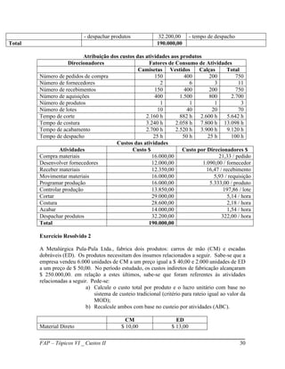 - despachar produtos              32.200,00       - tempo de despacho
Total                                                        190.000,00

                           Atribuição dos custos das atividades aos produtos
                    Direcionadores                    Fatores de Consumo de Atividades
                                                  Camisetas Vestidos        Calças       Total
        Número de pedidos de compra                       150         400       200          750
        Número de fornecedores                              2           6         3           11
        Número de recebimentos                            150         400       200          750
        Número de aquisições                              400       1.500       800        2.700
        Número de produtos                                  1           1         1             3
        Número de lotes                                    10          40        20           70
        Tempo de corte                               2.160 h        882 h   2.600 h      5.642 h
        Tempo de costura                             3.240 h      2.058 h   7.800 h 13.098 h
        Tempo de acabamento                          2.700 h      2.520 h   3.900 h      9.120 h
        Tempo de despacho                                25 h        50 h      25 h        100 h
                                        Custos das atividades
                Atividades                     Custo $               Custo por Direcionadores $
        Compra materiais                                16.000,00                   21,33 / pedido
        Desenvolver fornecedores                        12.000,00            1.090,00 / fornecedor
        Receber materiais                               12.350,00              16,47 / recebimento
        Movimentar materiais                            16.000,00                 5,93 / requisição
        Programar produção                              16.000,00               5.333,00 / produto
        Controlar produção                              13.850,00                      197,86 / lote
        Cortar                                          29.000,00                        5,14 / hora
        Costura                                         28.600,00                        2,18 / hora
        Acabar                                          14.000,00                        1,54 / hora
        Despachar produtos                              32.200,00                     322,00 / hora
        Total                                         190.000,00

        Exercício Resolvido 2

        A Metalúrgica Pula-Pula Ltda., fabrica dois produtos: carros de mão (CM) e escadas
        dobráveis (ED). Os produtos necessitam dos insumos relacionados a seguir. Sabe-se que a
        empresa vendeu 6.000 unidades de CM a um preço igual a $ 40,00 e 2.000 unidades de ED
        a um preço de $ 50,00. No período estudado, os custos indiretos de fabricação alcançaram
        $ 250.000,00. em relação a estes últimos, sabe-se que foram referentes às atividades
        relacionadas a seguir. Pede-se:
                             a) Calcule o custo total por produto e o lucro unitário com base no
                                sistema de custeio tradicional (critério para rateio igual ao valor da
                                MOD);
                             b) Recalcule ambos com base no custeio por atividades (ABC).

                                               CM                     ED
        Material Direto                      $ 10,00                $ 13,00

        FAP – Tópicos VI _ Custos II                                                                30
 