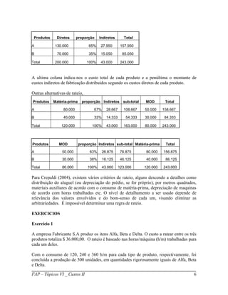 Produtos      Diretos      proporção     Indiretos       Total

A             130.000              65%    27.950        157.950

B               70.000             35%    15.050         85.050

Total         200.000             100%    43.000        243.000



A ultima coluna indica-nos o custo total de cada produto e a penúltima o montante de
custos indiretos de fabricação distribuídos segundo os custos diretos de cada produto.

Outras alternativas de rateio,
Produtos      Matéria-prima    proporção Indiretos sub-total        MOD        Total

A                  80.000             67%     28.667      108.667   50.000    158.667

B                  40.000             33%     14.333       54.333   30.000     84.333

Total             120.000            100%     43.000      163.000   80.000    243.000



Produtos         MOD          proporção Indiretos sub-total Matéria-prima      Total

A                 50.000            63%     26.875      76.875       80.000   156.875

B                 30.000            38%     16.125      46.125       40.000    86.125

Total             80.000           100%     43.000     123.000      120.000   243.000

Para Crepaldi (2004), existem vários critérios de rateio, alguns descendo a detalhes como
distribuição do aluguel (ou depreciação do prédio, se for próprio), por metros quadrados,
materiais auxiliares de acordo com o consumo de matéria-prima, depreciação de maquinas
de acordo com horas trabalhadas etc. O nível de detalhamento a ser usado depende de
relevância dos valores envolvidos e do bom-senso de cada um, visando eliminar as
arbitrariedades. É impossível determinar uma regra de rateio.

EXERCICIOS

Exercício 1

A empresa Fabricante S.A produz os itens Alfa, Beta e Delta. O custo a ratear entre os três
produtos totaliza $ 36.000,00. O rateio é baseado nas horas/máquina (h/m) trabalhadas para
cada um deles.

Com o consumo de 120, 240 e 360 h/m para cada tipo de produto, respectivamente, foi
concluída a produção de 300 unidades, em quantidades rigorosamente iguais de Alfa, Beta
e Delta.

FAP – Tópicos VI _ Custos II                                                             6
 