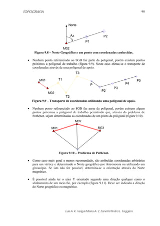 TOPOGRAFIA
Luis A. K. Veiga/Maria A. Z. Zanetti/Pedro L. Faggion
98
Figura 9.8 – Norte Geográfico e um ponto com coordenadas conhecidas.
• Nenhum ponto referenciado ao SGB faz parte da poligonal, porém existem pontos
próximos a poligonal de trabalho (figura 9.9). Neste caso efetua-se o transporte de
coordenadas através de uma poligonal de apoio.
Figura 9.9 – Transporte de coordenadas utilizando uma poligonal de apoio.
• Nenhum ponto referenciado ao SGB faz parte da poligonal, porém existem alguns
pontos próximos a poligonal de trabalho permitindo que, através do problema de
Pothénot, sejam determinadas as coordenadas de um ponto da poligonal (figura 9.10).
Figura 9.10 – Problema de Pothénot.
• Como caso mais geral e menos recomendado, são atribuídas coordenadas arbitrárias
para um vértice e determinado o Norte geográfico por Astronomia ou utilizando um
giroscópio. Se isto não for possível, determina-se a orientação através do Norte
magnético.
• É possível ainda ter o eixo Y orientado segundo uma direção qualquer como o
alinhamento de um meio fio, por exemplo (figura 9.11). Deve ser indicada a direção
do Norte geográfico ou magnético.
M02
P1
P2
Norte
Az
M01
M02
P4
P5
P
P2
P3
T1
T2
T3
M02
M01 M03
 