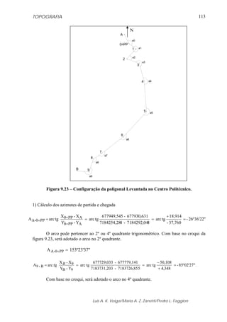 TOPOGRAFIA
Luis A. K. Veiga/Maria A. Z. Zanetti/Pedro L. Faggion
113
a5
a6
a7
a8
a9
a4
a3
a2
a1
3
4
5
6
7
8
9B
2
1
0=PP
A
a0
Figura 9.23 – Configuração da poligonal Levantada no Centro Politécnico.
1) Cálculo dos azimutes de partida e chegada
26º36'22"-
37,760-
18,914
tgarc
47184292,04-47184254,28
677930,631-677949,545
tgarc
Y-Y
X-X
tgarcA
APP0
APP0
PP0-A =
+
===
=
=
=
O arco pode pertencer ao 2º ou 4º quadrante trigonométrico. Com base no croqui da
figura 9.23, será adotado o arco no 2º quadrante.
153º23'37"A PP0-A ==
85º02'27"-
348,4
50,108
tgarc
57183726,85-37183731,20
677779,141-677729,033
tgarc
Y-Y
X-X
tgarcA
9B
9
B-9 =
+
−
=== B .
Com base no croqui, será adotado o arco no 4º quadrante.
N
 