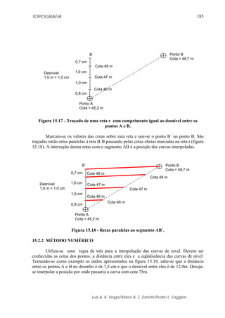 TOPOGRAFIA
Luis A. K. Veiga/Maria A. Z. Zanetti/Pedro L. Faggion
185
Figura 15.17 - Traçado de uma reta r com comprimento igual ao desnível entre os
pontos A e B.
Marcam-se os valores das cotas sobre esta reta e une-se o ponto B´ ao ponto B. São
traçadas então retas paralelas à reta B´B passando pelas cotas cheias marcadas na reta r (figura
15.18). A interseção destas retas com o segmento AB é a posição das curvas interpoladas.
Figura 15.18 - Retas paralelas ao segmento AB´.
15.2.2 MÉTODO NUMÉRICO
Utiliza-se uma regra de três para a interpolação das curvas de nível. Devem ser
conhecidas as cotas dos pontos, a distância entre eles e a eqüidistância das curvas de nível.
Tomando-se como exemplo os dados apresentados na figura 15.19, sabe-se que a distância
entre os pontos A e B no desenho é de 7,5 cm e que o desnível entre eles é de 12,9m. Deseja-
se interpolar a posição por onde passaria a curva com cota 75m.
Ponto A
Cota = 45,2 m
Ponto B
Cota = 48,7 m
0,8 cm
1,0 cm
1,0 cm
0,7 cm
Cota 46 m
Cota 47 m
Cota 48 m
Desnível
1,0 m = 1,0 cm
B´
Ponto A
Cota = 45,2 m
Ponto B
Cota = 48,7 m
0,8 cm
1,0 cm
1,0 cm
0,7 cm
Cota 46 m
Cota 47 m
Cota 48 m
Desnível
1,0 m = 1,0 cm
B´
Cota 48 m
Cota 47 m
Cota 46 m
 