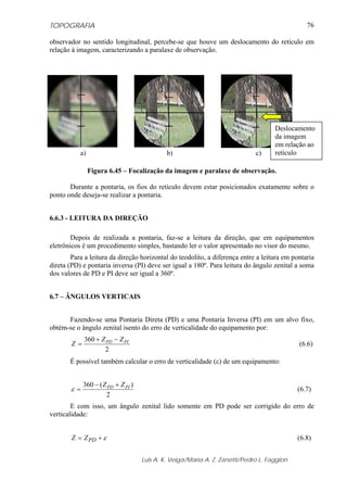 TOPOGRAFIA
Luis A. K. Veiga/Maria A. Z. Zanetti/Pedro L. Faggion
76
observador no sentido longitudinal, percebe-se que houve um deslocamento do retículo em
relação à imagem, caracterizando a paralaxe de observação.
Figura 6.45 – Focalização da imagem e paralaxe de observação.
Durante a pontaria, os fios do retículo devem estar posicionados exatamente sobre o
ponto onde deseja-se realizar a pontaria.
6.6.3 - LEITURA DA DIREÇÃO
Depois de realizada a pontaria, faz-se a leitura da direção, que em equipamentos
eletrônicos é um procedimento simples, bastando ler o valor apresentado no visor do mesmo.
Para a leitura da direção horizontal do teodolito, a diferença entre a leitura em pontaria
direta (PD) e pontaria inversa (PI) deve ser igual a 180º. Para leitura do ângulo zenital a soma
dos valores de PD e PI deve ser igual a 360º.
6.7 – ÂNGULOS VERTICAIS
Fazendo-se uma Pontaria Direta (PD) e uma Pontaria Inversa (PI) em um alvo fixo,
obtém-se o ângulo zenital isento do erro de verticalidade do equipamento por:
2
360 PIPD ZZ
Z
−+
= (6.6)
É possível também calcular o erro de verticalidade (ε) de um equipamento:
2
)(360 PIPD ZZ +−
=ε (6.7)
E com isso, um ângulo zenital lido somente em PD pode ser corrigido do erro de
verticalidade:
ε+= PDZZ (6.8)
a) b) c)
Deslocamento
da imagem
em relação ao
retículo
 