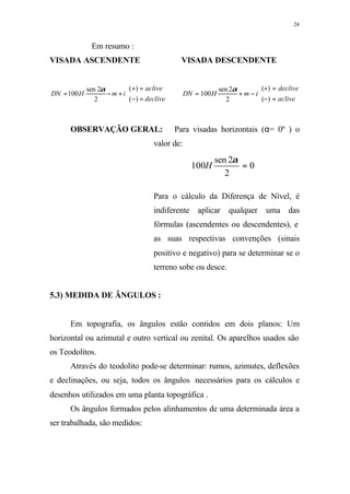 24
Em resumo :
VISADA ASCENDENTE VISADA DESCENDENTE



=−
=+
+−=
declive
aclive
imHDN
)(
)(
2
2sen
100
α



=−
=+
−+=
aclive
declive
imHDN
)(
)(
2
2sen
100
α
OBSERVAÇÃO GERAL: Para visadas horizontais (α= 0º ) o
valor de:
Para o cálculo da Diferença de Nível, é
indiferente aplicar qualquer uma das
fórmulas (ascendentes ou descendentes), e
as suas respectivas convenções (sinais
positivo e negativo) para se determinar se o
terreno sobe ou desce.
5.3) MEDIDA DE ÂNGULOS :
Em topografia, os ângulos estão contidos em dois planos: Um
horizontal ou azimutal e outro vertical ou zenital. Os aparelhos usados são
os Teodolitos.
Através do teodolito pode-se determinar: rumos, azimutes, deflexões
e declinações, ou seja, todos os ângulos necessários para os cálculos e
desenhos utilizados em uma planta topográfica .
Os ângulos formados pelos alinhamentos de uma determinada área a
ser trabalhada, são medidos:
0
2
2sen
100 =
α
H
 