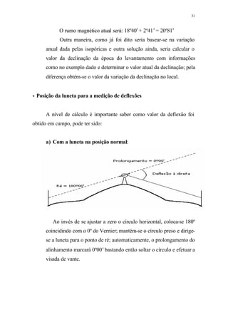 31
O rumo magnético atual será: 18º40′ + 2º41′ = 20º81′
Outra maneira, como já foi dito seria basear-se na variação
anual dada pelas isopóricas e outra solução ainda, seria calcular o
valor da declinação da época do levantamento com informações
como no exemplo dado e determinar o valor atual da declinação; pela
diferença obtém-se o valor da variação da declinação no local.
•• Posição da luneta para a medição de deflexões
A nível de cálculo é importante saber como valor da deflexão foi
obtido em campo, pode ter sido:
a) Com a luneta na posição normal:
Ao invés de se ajustar a zero o círculo horizontal, coloca-se 180º
coincidindo com o 0º do Vernier; mantém-se o círculo preso e dirige-
se a luneta para o ponto de ré; automaticamente, o prolongamento do
alinhamento marcará 0º00′ bastando então soltar o círculo e efetuar a
visada de vante.
 