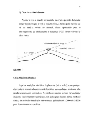 32
b) Com inversão da luneta:
Ajustar a zero o círculo horizontal e inverter a posição da luneta;
dirigir nessa posição e com o círculo preso, a luneta para o ponto de
ré; ao fazê-la voltar ao normal, ficará apontando para o
prolongamento do alinhamento e marcando 0º00′; soltar o círculo e
visar vante.
ERROS :
• Nas Medições Diretas :
Aqui as medições são feitas duplamente (ida e volta), mas qualquer
discrepância encontrada entre medições feitas sob condições similares, não
revela nenhum erro sistemático. As medições duplas servem para detectar
enganos, frequentemente cometidos. Em condições médias, para a medição
direta, um trabalho razoável é representado pela relação 1/2000 ou 1/1000
para levantamentos expeditos.
 