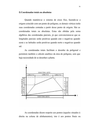 56
f) Coordenadas totais ou absolutas
Quando mantém-se o sistema de eixos fixo, fazendo-se a
origem coincidir com um ponto do polígono, os demais vértices terão
suas coordenadas contadas a partir desse ponto de origem. São as
coordenadas totais ou absolutas. Estas são obtidas pela soma
algébrica das coordenadas parciais, já que convencionou-se que as
longitudes parciais serão positivas quando este e negativas quando
oeste e as latitudes serão positivas quando norte e negativas quando
sul.
As coordenadas totais facilitam o desenho da poligonal e
permitem também o cálculo analítico da área do polígono, sem que
haja necessidade de se desenhar a planta.
As coordenadas dizem respeito aos pontos (aqueles situados à
direita na coluna de alinhamentos), isto é aos pontos finais ou
 