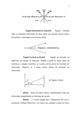 6
Ângulo Horizontal ou Azimutal⇒ Ângulo formado
entre as projeções horizontais de duas linhas que passam através desses
dois pontos e convergem a um terceiro ponto.
Ângulo Vertical ou Zenital⇒ Ângulo de elevação ou
depressão em relação ao horizonte. Medido a partir de algum plano de
referência, o ângulo é positivo, se o ponto estiver acima do horizonte do
observador. Negativo, se o ponto estiver abaixo do horizonte do
observador.
Zênite⇒ Ponto da esfera celeste, imediatamente acima do
observador, perpendicular ao horizonte do mesmo.
Rumos⇒ é o menor ângulo que o alinhamento faz com o
meridiano ( direção Norte-Sul ). Os rumos são contados a partir do Norte
Oeste Leste
α: Ângulo vertical
 