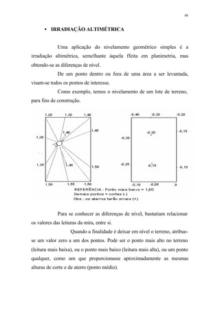 68
• IRRADIAÇÃO ALTIMÉTRICA
Uma aplicação do nivelamento geométrico simples é a
irradiação altimétrica, semelhante àquela ffeita em planimetria, mas
obtendo-se as diferenças de nível.
De um ponto dentro ou fora de uma área a ser levantada,
visam-se todos os pontos de interesse.
Como exemplo, temos o nivelamento de um lote de terreno,
para fins de construção.
Para se conhecer as diferenças de nível, bastariam relacionar
os valores das leituras da mira, entre si.
Quando a finalidade é deixar em nível o terreno, atribue-
se um valor zero a um dos pontos. Pode ser o ponto mais alto no terreno
(leitura mais baixa), ou o ponto mais baixo (leitura mais alta), ou um ponto
qualquer, como um que proporcionasse aproximadamente as mesmas
alturas de corte e de aterro (ponto médio).
 