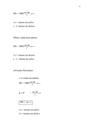 75
DN = 100H im +−
2
2sen α
(+) = terreno em aclive
( - )= terreno em declive
b)Para visada descendente :
DN = 100H im −+
2
2sen α
(+) = terreno em declive
( - ) = terreno em aclive
c)Visadas Horizontais :
c.1) visada ascendente:
DN = 100H im +−
2
2sen α
α = 0º / 0
2
2sen
=
α
DN = -m + i
(+) = terreno em aclive
(-) = terreno em declive
 