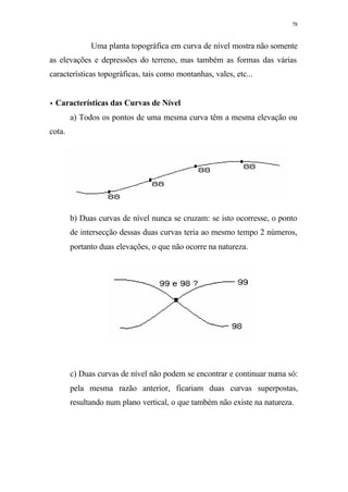 78
Uma planta topográfica em curva de nível mostra não somente
as elevações e depressões do terreno, mas também as formas das várias
características topográficas, tais como montanhas, vales, etc...
•• Características das Curvas de Nível
a) Todos os pontos de uma mesma curva têm a mesma elevação ou
cota.
b) Duas curvas de nível nunca se cruzam: se isto ocorresse, o ponto
de intersecção dessas duas curvas teria ao mesmo tempo 2 números,
portanto duas elevações, o que não ocorre na natureza.
c) Duas curvas de nível não podem se encontrar e continuar numa só:
pela mesma razão anterior, ficariam duas curvas superpostas,
resultando num plano vertical, o que também não existe na natureza.
 