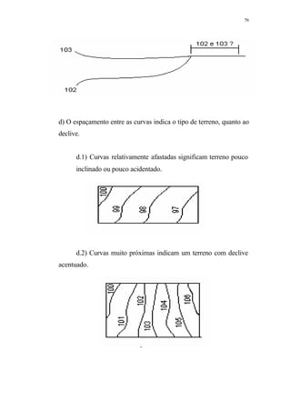 79
d) O espaçamento entre as curvas indica o tipo de terreno, quanto ao
declive.
d.1) Curvas relativamente afastadas significam terreno pouco
inclinado ou pouco acidentado.
d.2) Curvas muito próximas indicam um terreno com declive
acentuado.
 