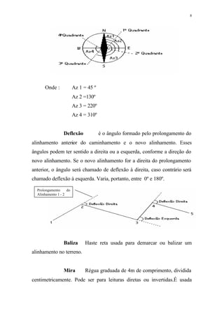 8
Onde : Az 1 = 45 º
Az 2 =130º
Az 3 = 220º
Az 4 = 310º
Deflexão⇒ é o ângulo formado pelo prolongamento do
alinhamento anterior do caminhamento e o novo alinhamento. Esses
ângulos podem ter sentido a direita ou a esquerda, conforme a direção do
novo alinhamento. Se o novo alinhamento for a direita do prolongamento
anterior, o ângulo será chamado de deflexão à direita, caso contrário será
chamado deflexão à esquerda. Varia, portanto, entre 0º e 180º.
Baliza⇒ Haste reta usada para demarcar ou balizar um
alinhamento no terreno.
Mira ⇒ Régua graduada de 4m de comprimento, dividida
centimetricamente. Pode ser para leituras diretas ou invertidas.É usada
Prolongamento do
Alinhamento 1 - 2
 