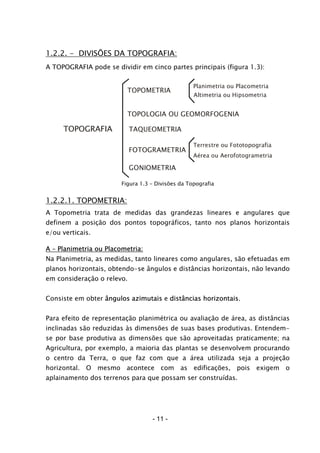 1.2.2. - DIVISÕES DA TOPOGRAFIA:
A TOPOGRAFIA pode se dividir em cinco partes principais (figura 1.3):
Planimetria ou Placometria
TOPOLOGIA OU GEOMORFOGENIA
TAQUEOMETRIA
GONIOMETRIA
TOPOGRAFIA
Altimetria ou Hipsometria
Terrestre ou Fototopografia
Aérea ou Aerofotogrametria
TOPOMETRIA
FOTOGRAMETRIA
Figura 1.3 – Divisões da Topografia
1.2.2.1. TOPOMETRIA:
A Topometria trata de medidas das grandezas lineares e angulares que
definem a posição dos pontos topográficos, tanto nos planos horizontais
e/ou verticais.
A – Planimetria ou Placometria:
Na Planimetria, as medidas, tanto lineares como angulares, são efetuadas em
planos horizontais, obtendo-se ângulos e distâncias horizontais, não levando
em consideração o relevo.
Consiste em obter ângulos azimutais e distâncias horizontais.
Para efeito de representação planimétrica ou avaliação de área, as distâncias
inclinadas são reduzidas às dimensões de suas bases produtivas. Entendem-
se por base produtiva as dimensões que são aproveitadas praticamente; na
Agricultura, por exemplo, a maioria das plantas se desenvolvem procurando
o centro da Terra, o que faz com que a área utilizada seja a projeção
horizontal. O mesmo acontece com as edificações, pois exigem o
aplainamento dos terrenos para que possam ser construídas.
- 11 -
 