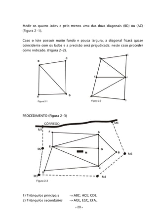 Medir os quatro lados e pelo menos uma das duas diagonais (BD) ou (AC)
(Figura 2-1).
Caso o lote possuir muito fundo e pouca largura, a diagonal ficará quase
coincidente com os lados e a precisão será prejudicada; neste caso proceder
como indicado. (Figura 2-2).
B
A
C
D
Figura 2-2
B
A
C
D
E F
Figura 2-1
PROCEDIMENTO (Figura 2-3)
CÓRREGO
F
E
D
C
G
A
B
M3 M4
M5
M6
M2
Figura 2-3
M
M1
1) Triângulos principais → ABC; ACE; CDE.
2) Triângulos secundários → AGE, EGC, EFA.
- 20 -
 