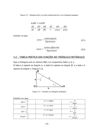 Figura 5.2 – Relação entre o círculo trigonométrico e um triângulo qualquer
αα sen
DEADAE
BC
DE
AB
AD
AC
AE
ADEABC
==∴==
∆≈∆
cos1
Conclui-se que:
hipotenusa
opostocateto
sen
.
=α (5.1)
cos
.
α =
cateto adjacente
hipotenusa
(5.2)
5.2 – TABELA PRÁTICA DAS FUNÇÕES NO TRIÂNGULO RETÂNGULO
Seja o triângulo com os vértices ABC e os respectivos lados a, b, c.
O lado a é oposto ao ângulo α, o lado b é oposto ao ângulo β; e o lado c é
oposto ao ângulo γ. (Figura 5.3).
C A
B
a
b
c
β
Figura 5.3 – Funções no triângulo retângulo
Conclui-se, que:
senα =
a
c
a c= ×senα c
a
=
senα
cosα =
b
a
b a= × cosα c
b
=
cosα
tg
a
b
α =
a b tg= × α
b
a
tg
=
α
cot g
b
a
α =
b a g= × cot α
a
b
g
=
cot α
- 47 -
 