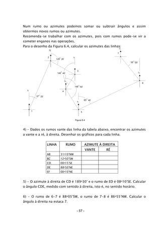 Num rumo ou azimutes podemos somar ou subtrair ângulos e assim
obtermos novos rumos ou azimutes.
Recomenda-se trabalhar com os azimutes, pois com rumos pode-se vir a
cometer enganos nas operações.
Para o desenho da Figura 6.4, calcular os azimutes das linhas:
4) - Dados os rumos vante das linha da tabela abaixo, encontrar os azimutes
a vante e a ré, à direita. Desenhar os gráficos para cada linha.
LINHA RUMO AZIMUTE À DIREITA
VANTE RÉ
AB 31o10’NW
BC 12o50’SW
CD 00o15’SE
DE 88o50’NE
EF 00o10’NE
5) - O azimute à direita de CD é 189o30’ e o rumo de ED é 08o10’SE. Calcular
o ângulo CDE, medido com sentido à direita, isto é, no sentido horário.
6) - O rumo de 6-7 é 88o05’SW, o rumo de 7-8 é 86o55’NW. Calcular o
ângulo à direita na estaca 7.
- 57 -
 