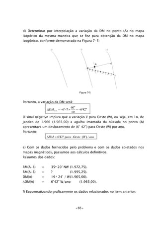 d) Determinar por interpolação a variação da DM no ponto (A) no mapa
isopórico da mesma maneira que se fez para obtenção da DM no mapa
isogônico, conforme demonstrado na Figura 7-5:
Portanto, a variação da DM será:
"42'6
10
"60
7'6)( −=×−−=∆ ADM
O sinal negativo implica que a variação é para Oeste (W), ou seja, em 1o. de
janeiro de 1.966 (1.965,00) a agulha imantada da bússola no ponto (A)
apresentava um deslocamento de (6’ 42”) para Oeste (W) por ano.
Portanto:
∆DM para Oeste W ano= ⋅ ⋅ ⋅642' " ( ) /
e) Com os dados fornecidos pelo problema e com os dados coletados nos
mapas magnéticos, passamos aos cálculos definitivos.
Resumos dos dados:
RM(A-B) = 35o 20’ NW (1.972,75).
RM(A-B) = ? (1.995,25).
DM(A) = 19 o 24’ / W(1.965,00).
∆DM(A) = 6’42” W/ano (1.965,00).
f) Esquematizando graficamente os dados relacionados no item anterior:
- 65 -
 